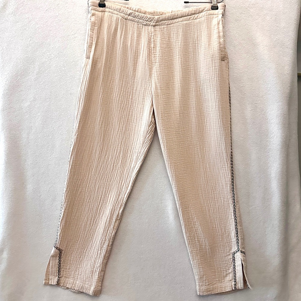 Soft Surroundings L Cotton Gauze Embroidered Trim Pants Beige